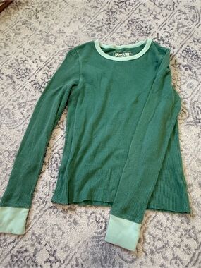 American Eagle Outfitters Green Ribbed Long Sleeve Top with Mint Trim